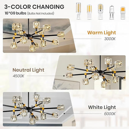 Sputnik Chandeliers with16-Light,Modern Black and Gold Crystal Chandelier, Mid Century Ceiling Light Fixture for Dining Room, Kitchen Island,Foyer,Living Room,Bedroom