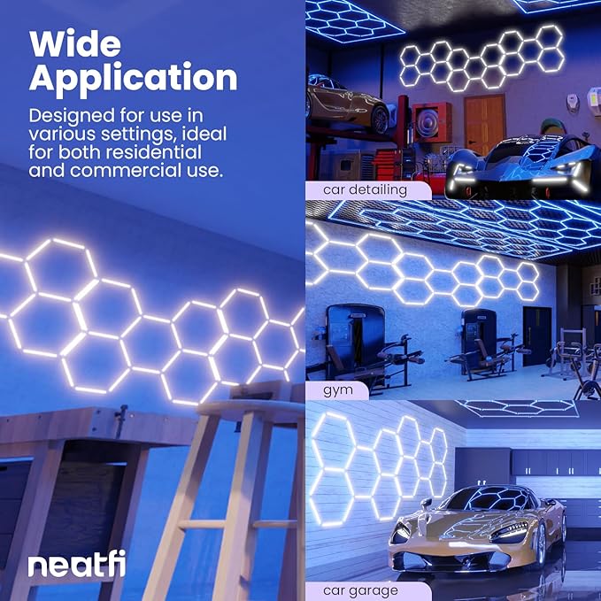Neatfi LED Hexagon Garage Lights with 14,400 Lumens, 6500K, 192W, Hexagon Lights for Garage, Auto Shops, Car Detailing, Basements, Warehouses, Barber Shops, Beauty Salon, & Gym (5 Hex, Cool White)