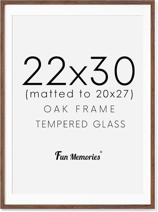 Fun Memories 22x30 Oak Wood Picture Frame, 22"x30" Poster Frame for Wall, 22x30 Picture Frame with Mat for 20x27, Solid Oak Wood Photo Frame 22 x 30 with Tempered Real Glass (Walnut Color, 1 Pack)