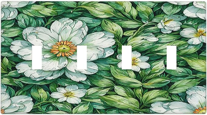Vintage Floral White Flowers Green Plants Leaves Light Switch Covers Quad Toggle 4 Gang Wall Plate Decorative Switch Plates Electrical Faceplate for Bedroom Bathroom Decor