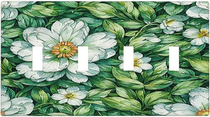 Vintage Floral White Flowers Green Plants Leaves Light Switch Covers Quad Toggle 4 Gang Wall Plate Decorative Switch Plates Electrical Faceplate for Bedroom Bathroom Decor