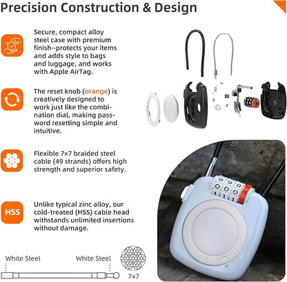 [Apple MFi Certified] iOS Tracking Tag & AirTag Holder Combination Lock, Compatible with Apple Find My, GPS Tracker Secure Case, Air TagHolder Lock for Travel Luggage, Suitcase, Backpack, Stroller