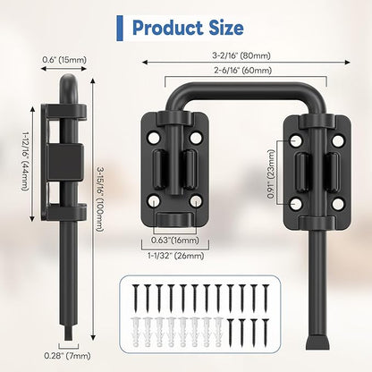 Sliding Door Loop Lock, 90/180 Degree Stainless Steel Patio Door Latch for Sliding Barn/Single/Double Opening Gate, Shed, Closet, Window, Fence - Home Security Loop Latch (Black-2PCS)