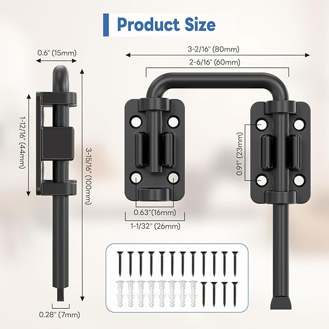 Sliding Door Loop Lock, 90/180 Degree Stainless Steel Patio Door Latch for Sliding Barn/Single/Double Opening Gate, Shed, Closet, Window, Fence - Home Security Loop Latch (Black-1PC)
