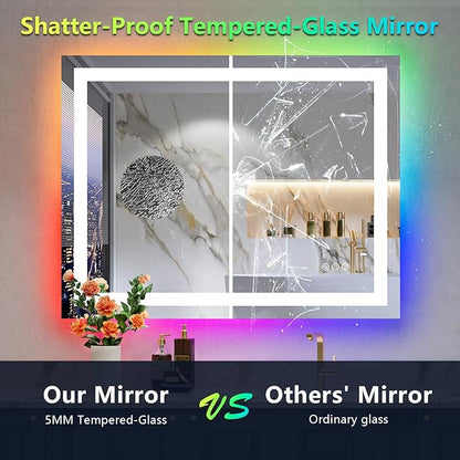 36x30 Inch RGB LED Bathroom Mirror Front Light and RGB Backlit Lighted Vanity Mirror for Bathroom Wall Mounted Dimmable Anti Fog Memory Shatter-Proof IP54 Waterproof Horizontal/Vertical