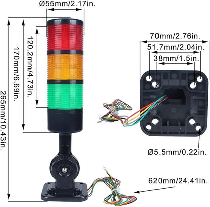 Led Signal Tower Stack Lights, Industrial Signal Warning Lights, Column Tower Lamp with Rotatable Base, Steady/Flashing Switchable, 110V 220V AC(3-Layer, with Buzzer) Black
