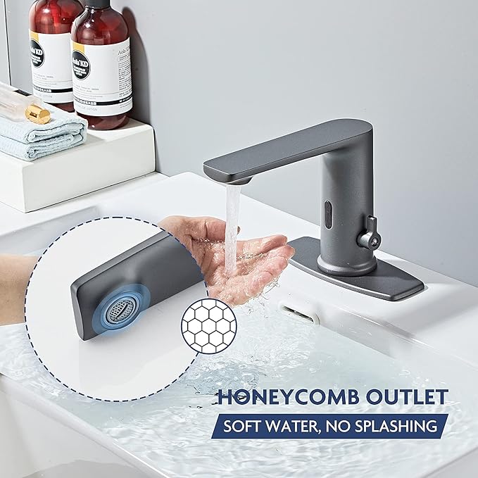 DIY No Drill Gunmetal Gray Sink Faucet with Hole Cover,Touchless Bathroom Faucet Automatic with Motion Sensor for Hygiene.Meets CEC WaterSense Standards.