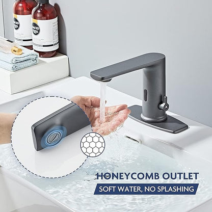 DIY No Drill Gunmetal Gray Sink Faucet with Hole Cover,Touchless Bathroom Faucet Automatic with Motion Sensor for Hygiene.Meets CEC WaterSense Standards.