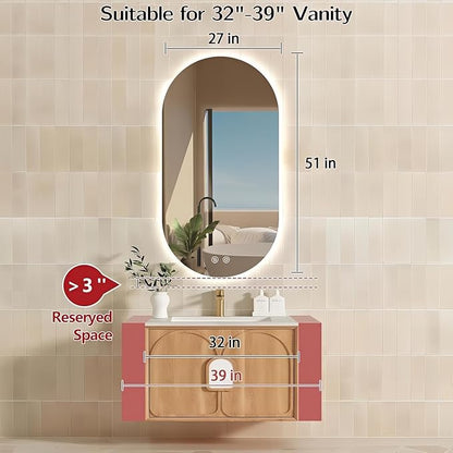 51" x 27" Oval LED Mirror for Bathroom, Backlit Vanity Mirror with Lights, Frameless Smart Wall Mirror, 3 Colors Stepless Dimmable, Anti-Fog, Shatterproof, Memory, CRI95+(Horizontal/Vertical)