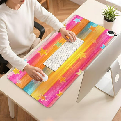 Heated Desk Pad Mouse Pad 31.5x13 Inch PU Leather Desk Mat with 3 Heat Levels Large Mouse Gaming Computer Laptop Mat Bright Rainbow Striped Stars