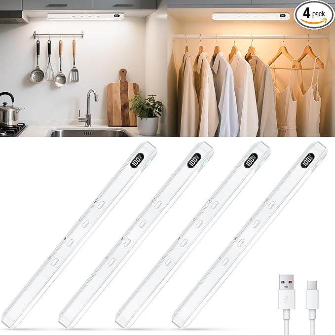 WILLED Under Cabinet & Closet Lights, Motion Sensor, Rechargeable, Magnetic, 3 Color Temps, Dimmable LED Light Bar for Indoor Kitchen Counter (4 Pack, White)