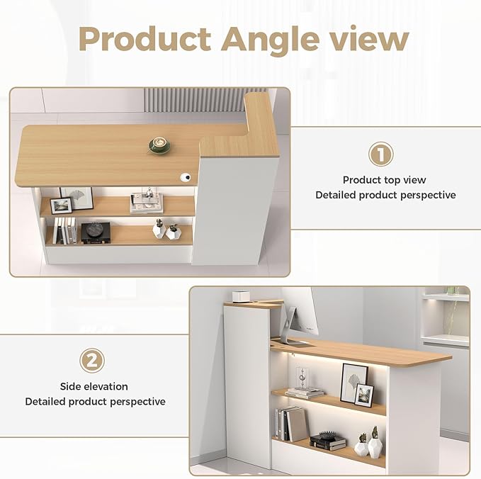 Modern Reception Desk with LED Lights - 59" Front Desk Reception Counter with Dual Display Shelves & Hidden Cable Management, Lockable Drawer & Storage Cabinet for Office, Salon, Spa, Retail, Left