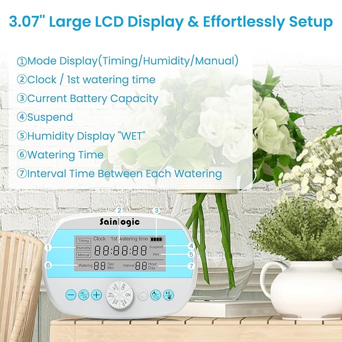 Sainlogic Smart Automatic Plant Waterer for 15 Potted Plants, Self Watering System with Deep Root Irrigation, Humidity Monitor Display, IP64 Programmable Timer for Travel, Vacation, Indoor Garden