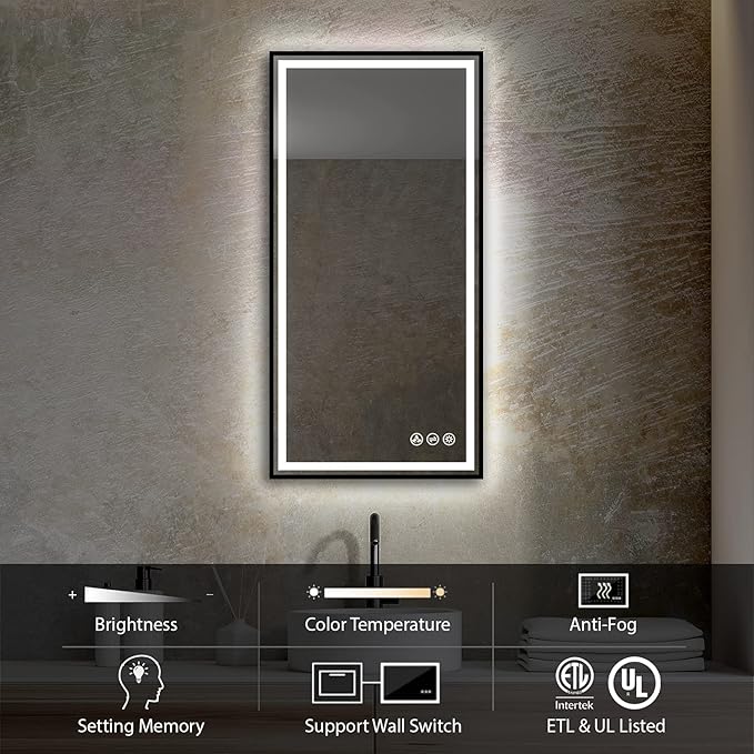 18x36 Inch LED Bathroom Mirror with Matte Black Frame| Wall Mounted Backlit Vanity Mirror with Lights | Anti-Fog, 3 Color Dimmable Smart Bathroom LED Mirror | Frame Vanity Mirror for Makeup