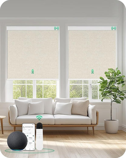 Allesin Motorized Roller Blinds – Rechargeable Smart Shades with Remote & Quiet Motor, Top/Bottom Aluminum Rails, Alexa-Compatible for Window (32" W x 72" H, 100% Blackout Sand-Linen)