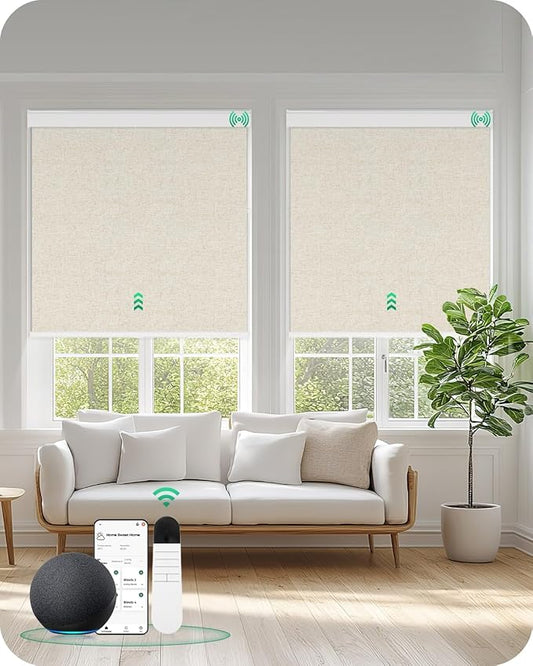 Allesin Motorized Roller Blinds – Rechargeable Smart Shades with Remote & Quiet Motor, Top/Bottom Aluminum Rails, Alexa-Compatible for Window (35" W x 72" H, 100% Blackout Sand-Linen)