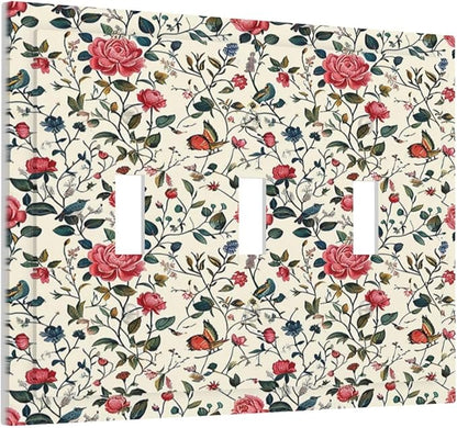 Decorative Switch Plates Vintage Flowers Rose Leaf Bird Butterfly 3 Gang Wall Plate Triple Toggle Light Switch Cover Faceplate Electrical Wall Panels for Bedroom living Room Decor