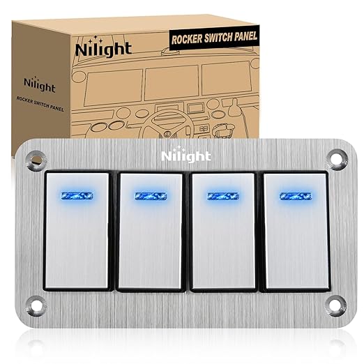 Nilight 4 Gang Rocker Switch Panel 3 Pin On Off Pre-Wired Toggle Switches Blue LED Waterproof Aluminum with DIY Stickers for 12V 24V Automotive Cars Marine Boats UTV Truck Jeeps