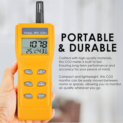 CO2 Meter Portable CO2 Detector Digital CO2 Monitor with Alarm Function Carbon Dioxide Temperature and Humidity Meter, NDIR CO2 Sensor Indoor Air Quality Monitor for Home Office Grow Room