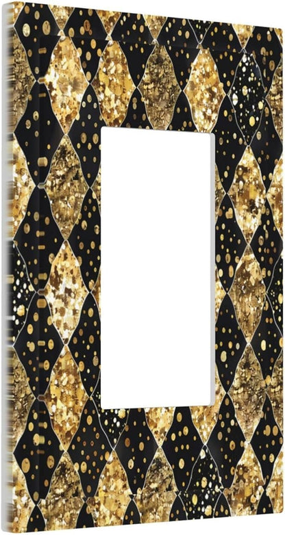 Gold Black Marble Geometric Plaid Glitter Decorative Outlet Covers 1 Gang Single Rocker Light Switch Cover Plate Wall Plates GFCI Faceplate for Bedroom Bathroom Decor