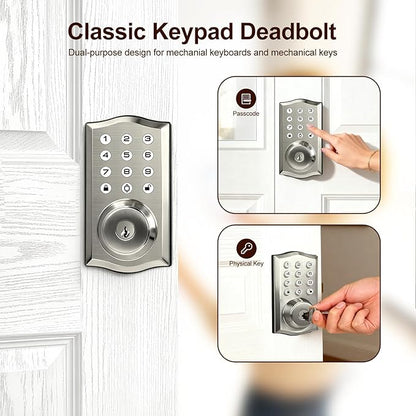 Keyless Entry Door Lock with Keypad, Auto Lock, Voice Prompt, Smart Deadbolt Lock for Front Door with Key, Satin Nickel – Easy Installation, IP55 Waterproof