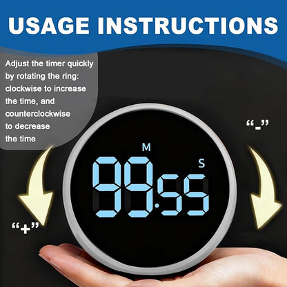 Digital Kitchen Timer, Magnetic Countdown Countup Visual Pomodoro Timer with Large LED Display, Cube Clock for Classroom Cooking Fitness Baking Studying Teaching, Easy for Kids and Seniors (Silver)