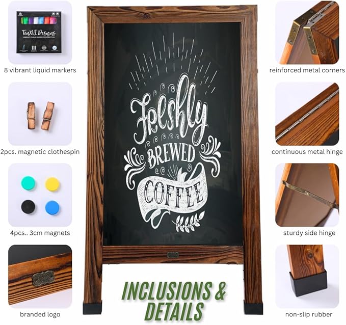 TenXVI Designs 40"x22" A-Frame Sign, Torched Wood Sandwich Board, Double-Sided Magnetic Chalkboard for Cafe, Bar, Restaurant Owners, Wedding Planners, Outdoor Sandwich Board Signs
