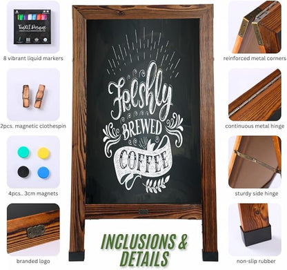 TenXVI Designs 40"x22" A-Frame Sign, Torched Wood Sandwich Board, Double-Sided Magnetic Chalkboard for Cafe, Bar, Restaurant Owners, Wedding Planners, Outdoor Sandwich Board Signs
