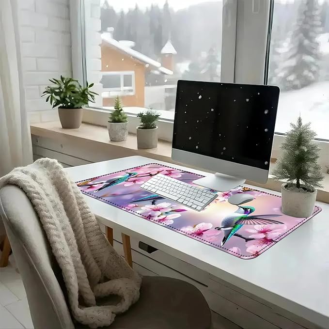Heated Mouse Pad with 3 Temperature Settings(104°F–122°F),Large 31.5x13 Inch PU Leather Heated Desk Mat,Waterproof Warming Pad for Office,Gaming & Cold Hands Relief,Hummingbirds Flowers