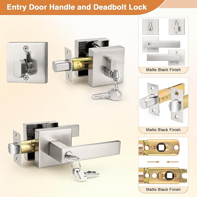 Probrico Square Keyed Entry Levers and Single Cylinder Deadbolts Combo Pack, Satin Nickel Heavy Duty Entrance Locksets for Office Bedroom and Front Door, 10 Pack Keyed Alike(All Same Keys)