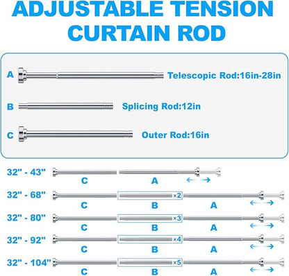 TEECK Shower Curtain Rod, 32-43 inch Adjustable Spring Tension Curtain Rod, Never Rust Anti-Slip Shower Curtain Rod for Bathroom, No Drilling, Never Collapse, Easy to Use, Silver