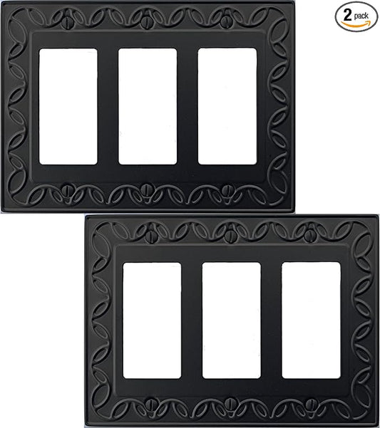 Triple Decorator Light Switch Cover NovaBloom Metal Wall Plate, 2-Pack Black 3 Gang Triple Rocker, Receptacle Dimmer Switch Cover GFCI Outlet Decorative Wallplate, Durable