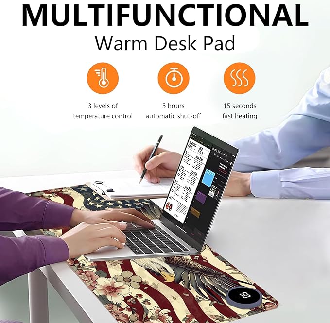 Heated Mouse Pad with 3 Levels Heated & 3 Hours Auto Shut-Off Mouse Pad for Warming Hands in Office Home, 31.5" x 13"Large Safe Desk Mat Hand Warmer，Flying Eagle Flag Flowers