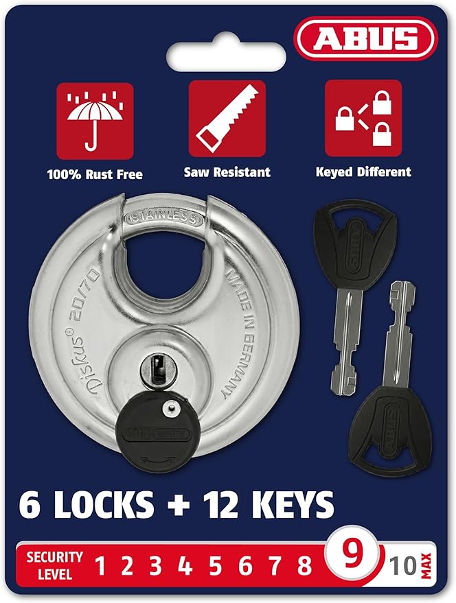 ABUS - Diskus 20/70 Padlock with Key - 6 Pack (2.75") 70mm - Heavy Duty Stainless Steel - Cut, Rust & Drill Resistant - Storage & Outdoor - Pad Lock with 2 Keys (Keyed Different) - Locker Lock