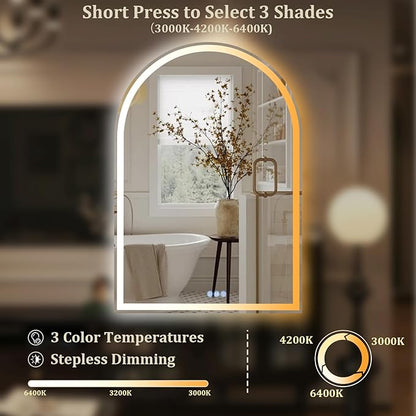 BEAUTYPEAK 40x30 LED Arch Bathroom Mirror with Lights, Anti-Fog, Dimmable, Backlit + Front Lit, Lighted Bathroom Vanity Mirror for Wall, 3 Colors, Memory Function, Tempered Glass, Shatter-Proof