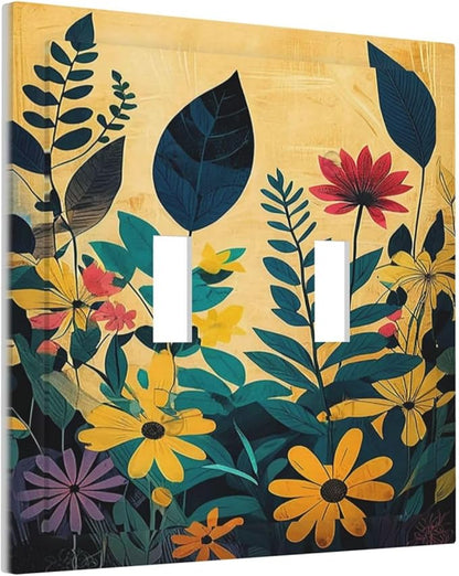 Abstract Minimalist Floral Botanical Boho Flower 2 Gang Double Toggle Light Switch Cover Decorative Switchplate Electrical Wall Plates Faceplate for Bathroom Bedroom Decor 4.9 X 5 IN