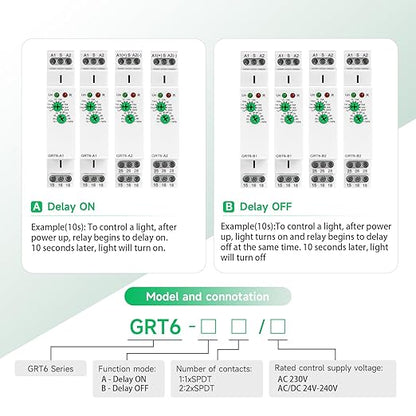 Delay ON Time Relay, GRT6 A1 230V 10A Time Delay Relay Module, Delay Timer Switch 10A AC230V Adjustable Delay Timer Switch in Din Rail