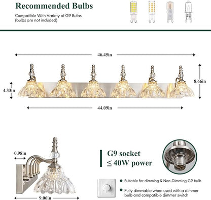Vintage Bathroom Vanity Light, 6-Light Brushed Nickel Vanity Lighting Fixture with Flower Glass Shade, Bathroom Lighting Fixtures Over Mirror