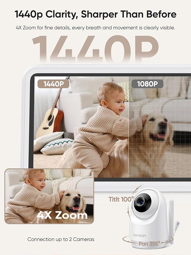 bonoch 1440p Baby Monitor with Camera and Audio, 5.5" Smart No WiFi Video Baby Camera, Crying/Motion/Turnover Detect, 240h Long-Lasting, Hack Proof, Night Vision, VOX Mode, White Noise, Shower Gifts