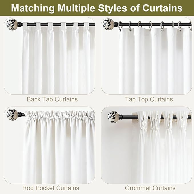 Ceramic Black Curtain Rods Set of 2 for Windows 48 to 84 Inches Adjustable Length Heavy Duty White Window Curtain Rod with Modern Leaf Pattern Decorative Finials for Bedroom Kitchen Living Room