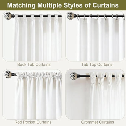 Ceramic Curtain Rods Black for Windows 66 to 120 Inches Adjustable Length Heavy Duty 1" Diameter Window Curtain Rod with Modern Leaf Pattern Decorative Finials for Bedroom Kitchen Living Room