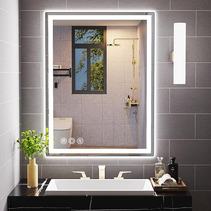 Bathroom Mirror, 28"x 36" Vanity Mirror with Lights, LED Mirrors with Anti-Fog, Stepless 3 Colors Temperature & Dimmable, Memory Tempered Glass Bathroom Mirrors for Over Sink