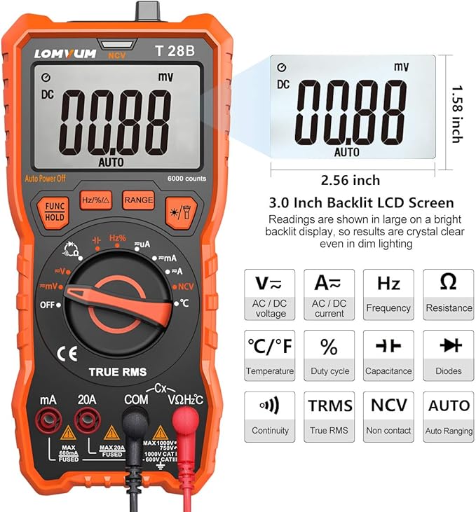 Lomvum Digital Multimeter, 6000 Counts Electrical Tester AC/DC Voltage Current Detector, NCV, Resistance, Capacitance, Diode Electronic, Duty Cycle Tester