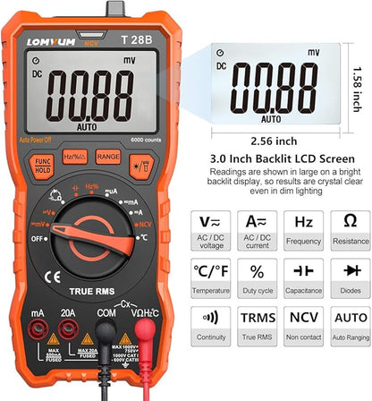 Lomvum Digital Multimeter, 6000 Counts Electrical Tester AC/DC Voltage Current Detector, NCV, Resistance, Capacitance, Diode Electronic, Duty Cycle Tester