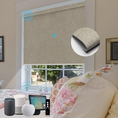 SmartWings Motorized Roller Shades Work with Homekit, Alexa Google, 100% Blackout Smart Blinds for Windows, Cordless Remote Control Window Shades, Safari White, Customized Size
