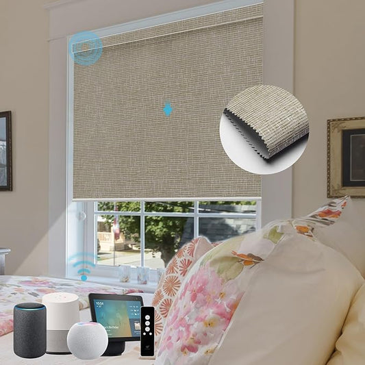 SmartWings Motorized Roller Shades Work with Homekit, Alexa Google, 100% Blackout Smart Blinds for Windows, Cordless Remote Control Window Shades, Safari White, Customized Size