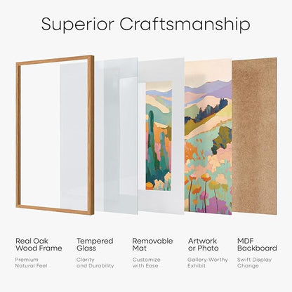 Homeforia 12x36 Wood Frame, High End Natural Oak 12x36 Light Wooden Picture Frame with Mat 10x30, 12 x 36 Poster Frames Matted to 10 by 30 Art, 36x12 Hanging Frames, Tempered Glass, Wall Kit, Set of 1