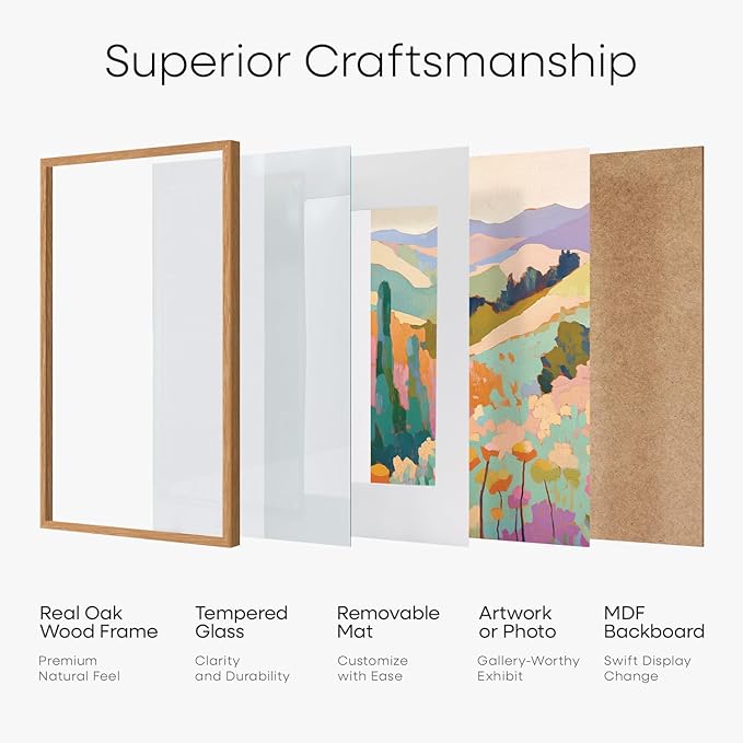 Homeforia 15x15 Picture Frame Natural Wood, High End Oak 15 x 15 Square Light Wooden Frames with Mat 11 by 11 inch Photo, 15by15 Poster Frames Matted to 11x11 Print, Tempered Glass, Wall Kit, Set of 1