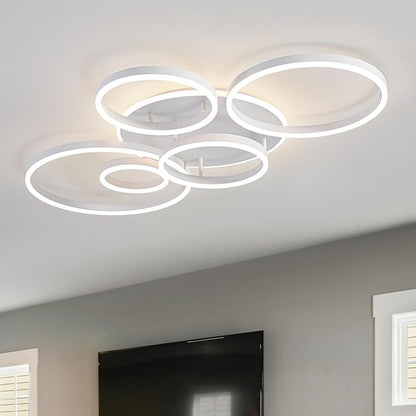 O'NEELDY Modern LED Ceiling Light White Flush Mount Ceiling Lights Fixtures Dimmable 47" Dining Room Light Fixture with Remote 6 Rings Kitchen Lighting Fixtures Ceiling Lamp for Bedroom,Living Room