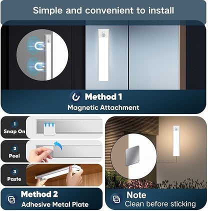 Motion Sensor Under Cabinet Lighting-Magnetic Rechargeable Closet Lights for Kitchen,Stairs,Wardrobe | 3-Color Dimmable LED Under Counter Lighting | Pro Battery Upgrade (2, 16 inch)